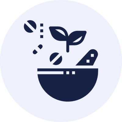 Plant and pills in a bowl icon.