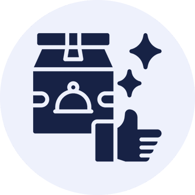 Food delivery box with thumbs up icon.