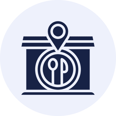 Map pin with fork and spoon icon.