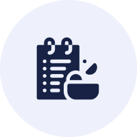 Clipboard and apple icon on circular background.